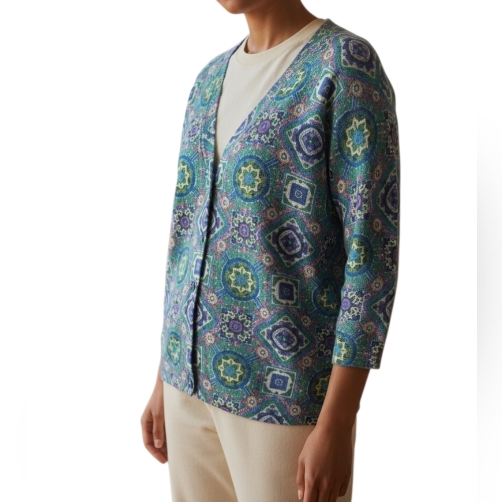 Talbot's Women's Colorful Geometric Print Lightweight 3/4 Sleeve Cardigan, L